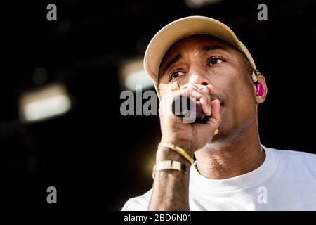 Aarhus, Dänemark. Juni 2018. Die amerikanische Rap-Gruppe N.E.R.D. führt ein Live-Konzert während des dänischen Musikfestivals Northside 2018 in Aarhus durch. Hier ist Rapper Pharrell Williams live auf der Bühne zu sehen. (Foto: Gonzales Foto - lasse Lagoni Stockfoto