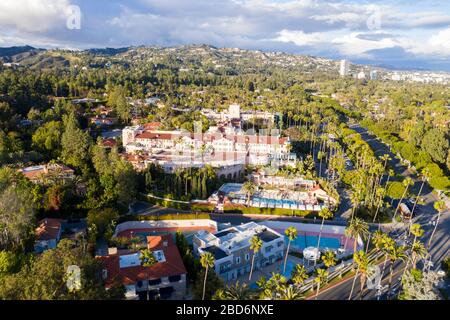 Blick auf den exklusiven historischen Beverly Hills Hotel am Sunset Boulevard Stockfoto