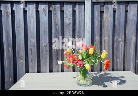 Heller Frühling bunte Blumen in einer Glasvase auf Gartentisch in der Nähe von Holzzaun an einem sonnigen Tag Stockfoto