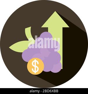 Bunch Trauben Früchte verlangen Geld nach oben Pfeil, steigende Lebensmittelpreise, Block Style Icon Vector Illustration Stock Vektor