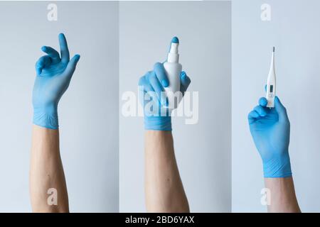 Flacher Lay von Coronavirus Protection, medizinische Schutzmasken, Handschuhe, Händededesinfektionsflaschen, Antiseptikum, Desinfektion, Spray auf weißem Hintergrund isoliert, Kopierraum Stockfoto