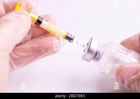 Hände eines Arztes, der eine Impfstoff-Injektion vorbereitet. Stockfoto