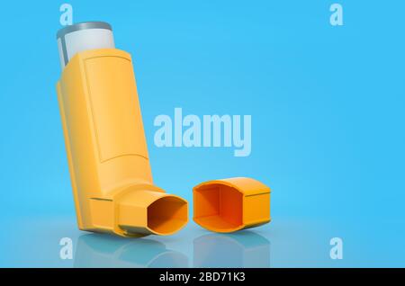 Orangener Dosierinhalator auf blauem Hintergrund, 3D-Rendering Stockfoto