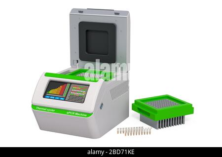 PCR-Gerät mit Deckel für PCR-Röhrchen. 3D-Rendering auf weißem Hintergrund isoliert Stockfoto