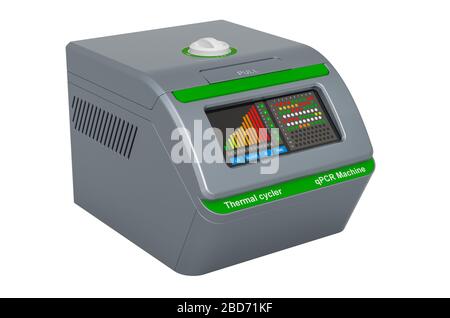 PCR Thermocycler Nahaufnahme, 3D-Rendering isoliert auf weißem Hintergrund Stockfoto