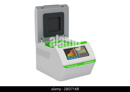 PCR-Maschine geöffnet, Thermocycler. 3D-Rendering auf weißem Hintergrund isoliert Stockfoto