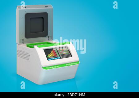 PCR-Maschine, Thermocycler. 3D-Rendering auf blauem Hintergrund isoliert Stockfoto