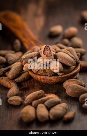 Kakaobohnen auf hölzernen Hintergrund Stockfoto