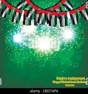 Helles Feuerwerk mit Flaggen arabischer Emirate für den Urlaub. Banner mit Flagge der Vereinigten Arabischen Emirate mit Falten. Abbildung mit Markierung für Webdesign. Vektor. Stock Vektor