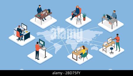 Internationales Business Team verbindet online und Telearbeit: Outsourcing von Arbeit und Telearbeit Stock Vektor