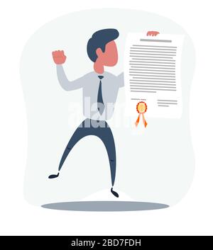 Manager oder Student. Ein Mann in einem Anzug hält ein Zertifikat über den Abschluss der Ausbildung. Stock Vektor