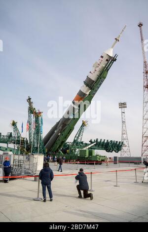 BAIKONUR, KASACHSTAN - 06. April 2020 - beim Kosmodrom Baikonur in Kasachstan werden das Sojus-MS-16-Raumschiff und sein Booster auf ein vertikales p angehoben Stockfoto