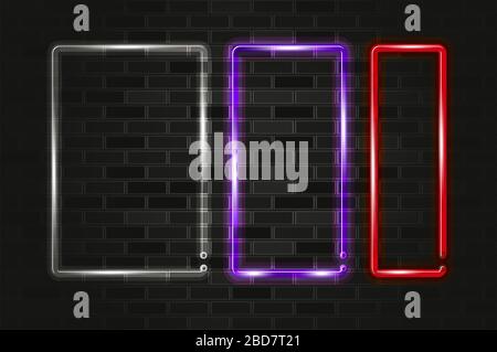 Drei vertikale Rahmen in verschiedenen Farben leuchtende Neon-Zeichen oder LED-Streifenleuchte. Realistische Vektorgrafiken. Schwarze Ziegelwand, weicher Schatten, Metallho Stock Vektor