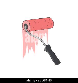 Rote Emulsion der Farbrolle. Wanddekoration. Lackiergeräte. Vektorgrafik-Abbildung. Zeichnung Stock Vektor