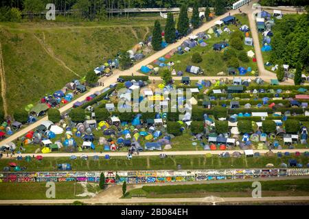 , Rock Hard Festival 2015 im Park Nordsternpark in Gelsenkirchen, 24.05.2015, Luftbild, Deutschland, Nordrhein-Westfalen, Ruhrgebiet, Gelsenkirchen Stockfoto