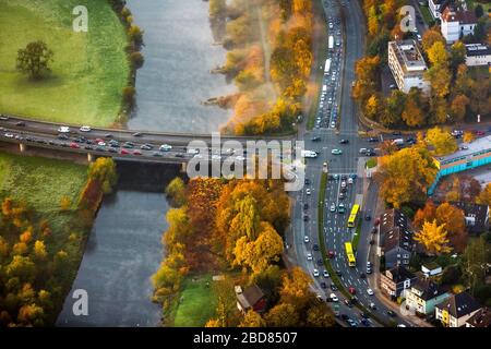 , Konrad-Adenauer-Brücke über die Ruhr-Flussstrecke in Bergerhausen, 30.10.2015, Luftbild, Deutschland, Nordrhein-Westfalen, Ruhrgebiet, Essen Stockfoto