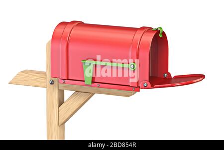 Leere Mailbox mit Markierung nach unten 3D-Renderdarstellung isoliert auf weißem Hintergrund Stockfoto