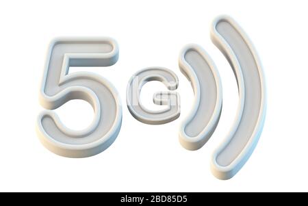 Weißes 5G-Symbol 3D-Renderdarstellung isoliert auf weißem Hintergrund Stockfoto