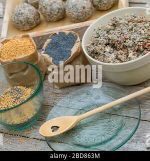 Do-it-yourself Vogelfettkugeln, Schritt 1: Zutaten: Fettreiche Nahrung, Mohn, Hirseamen Stockfoto