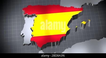 Spanien - Ländergrenzen und Flagge - 3D-Abbildung Stockfoto