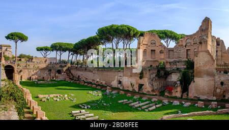 Gebäude des antiken Roms, Panoramablick auf das Stadion und den Severan-Komplex, Palatin, Ruinen des Forum Romanum, Rom, Italien. Stockfoto