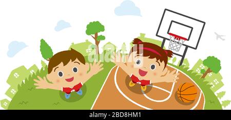 Kinder (Kinder/Junge und Mädchen), die in den Himmel schauen (mit Basketballuniform). Vektor-Cartoon-Illustration. Hintergrund des Basketballplatzes (Bird's Stock Vektor