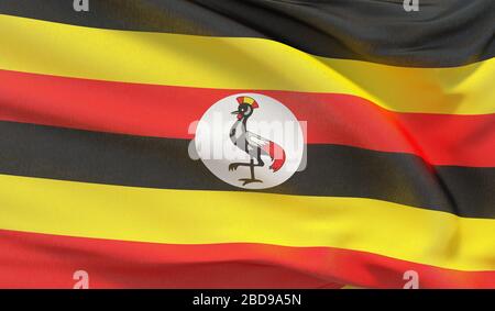 Nationalflaggen von Uganda winken. Äußerst detailgetreue 3D-Nahrender. Stockfoto