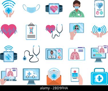 Online-Arzt, medizintechnischer Berater medizinischer Schutz ovid 19 Symbole setzen Vektorgrafiken, flaches Stilistensymbol Stock Vektor