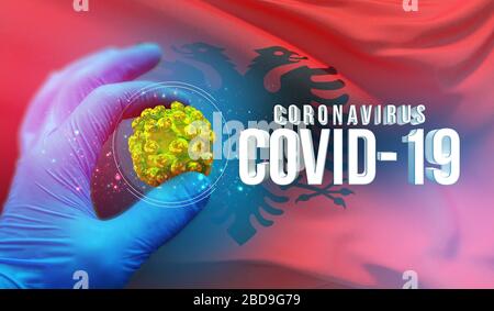 Coronavirus COVID-19 Outbreak-Konzept, gesundheitsgefährdendes Virus, Hintergrund schwenkende Nationalflaggen Albaniens. Pandemie stoppt den neuartigen Ausbruch von Coronavirus Stockfoto