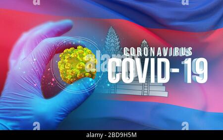 Coronavirus COVID-19 Outbreak-Konzept, gesundheitsgefährdendes Virus, Hintergrund schwenkende Nationalflaggen Kambodschas. Pandemie stoppt den neuartigen Ausbruch von Coronavirus Stockfoto