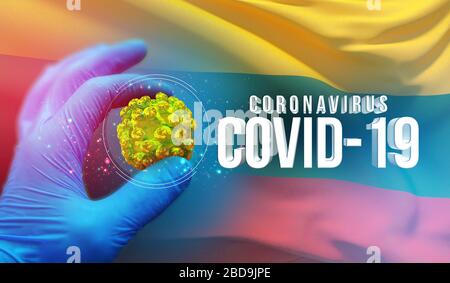 Coronavirus COVID-19 Outbreak-Konzept, gesundheitsgefährdendes Virus, Hintergrund schwenkende Nationalflaggen von Litauen. Pandemie stoppt Roman Coronavirus Stockfoto