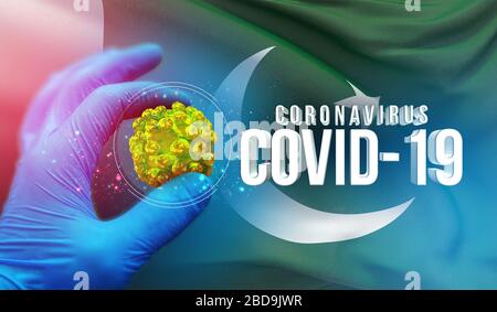 Coronavirus COVID-19 Outbreak-Konzept, gesundheitsgefährdendes Virus, Hintergrund schwenkende Nationalflaggen Pakistans. Pandemie stoppt den neuartigen Ausbruch von Coronavirus Stockfoto