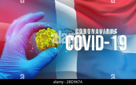 Coronavirus COVID-19-Ausbruchskonzept, gesundheitsgefährdendes Virus, hintergrundschwenkende Nationalflaggen der Dominikanischen Republik. Pandemie stoppt Roman Stockfoto