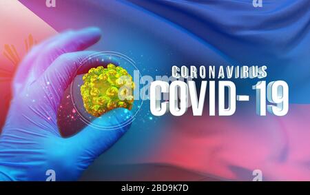 Coronavirus COVID-19 Outbreak-Konzept, gesundheitsgefährdendes Virus, Hintergrund schwenkende Nationalflaggen der Philippinen. Pandemie stoppt Roman Coronavirus Stockfoto
