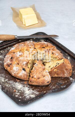 Hausgemachtes Obst-Soda-Brot auf einem Backblech Stockfoto