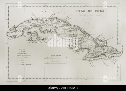 Mapa de la Isla de Cuba (Colonia española). Crónica General de España, Historia Ilustrada y Descriptiva de sus Provincias. Tomo Las Antillas, 1871. Stockfoto