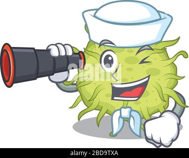 Ein Cartoon-Symbol von Bakterien Coccus Sailor mit Binokular Stock Vektor