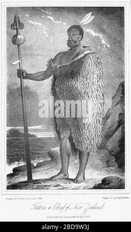 Gravur des Maori-Chefs Tetora, vom Frontispiz des Buches "Ten Months Residence in New Zealand", veröffentlicht im Jahre 188 Stockfoto