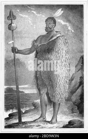 Gravur des Maori-Chefs Tetora, vom Frontispiz des Buches "Ten Months Residence in New Zealand", veröffentlicht im Jahre 188 Stockfoto