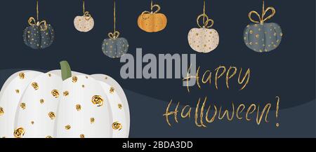 Horizontale Postkarte für Halloween. der Banner ist dunkel. Poster mit Kürbissen. Die Nacht der lebenden. Stock Vektor