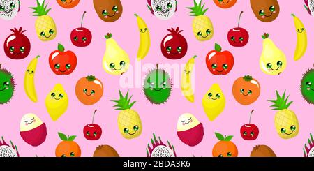 Nahtloses Muster mit Früchten für Textil- und Verpackungsdesign. Pinkfarbener Girliger Hintergrund. Gesunde Ernährung. Frucht-Charakter. Stock Vektor