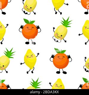 NAHTLOSES Muster exotische Früchte Banane, Orange, Ananas Durian Obst Kirschrot lustige niedliche Gesichter Charakter. Küche Textil oder Verpackungspapier. Stock Vektor