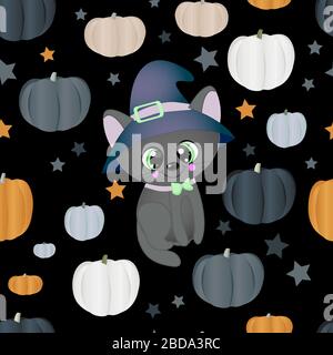 Halloween nahtloses Muster. Schwarzer Hintergrund. Kürbisse in verschiedenen Farben und eine niedliche Katze in einem Hut Stock Vektor