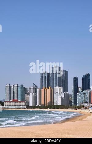 BUSAN, SÜDKOREA - 14. MÄRZ 2020: Ein Schuss Haeundae Beach, der ein beliebtes Touristenziel in Südkorea ist. Stockfoto