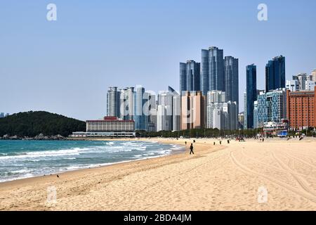 BUSAN, SÜDKOREA - 14. MÄRZ 2020: Ein Schuss Haeundae Beach, der ein beliebtes Touristenziel in Südkorea ist. Stockfoto
