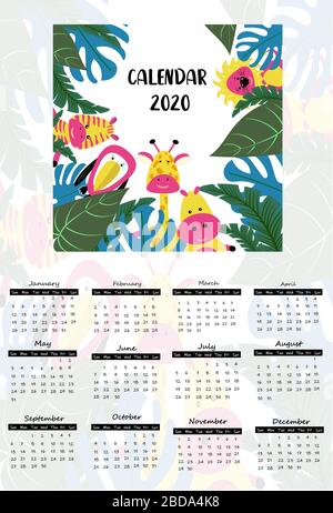Kalender 2020. Kinder. Tropischer Stil mit witzigen, niedlichen Tieren - Zebra, Giraffe und Nilpferdfiguren. Poster für das Kinderzimmer. Stock Vektor