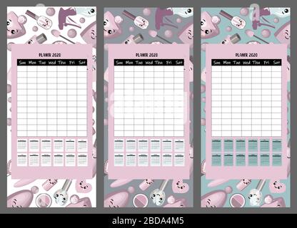 Kalender 2020. Ein Set von Segelfliegern zum Thema Schönheit und Mode. Süße Kosmetikfiguren Stock Vektor