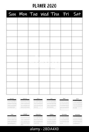 Kalender 2020 und Planer. Terminkalender. Weißer Hintergrund. Stock Vektor