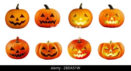 Halloween Kürbiskopf (Jack o Laterne) realistische Illustration Set Stockfoto