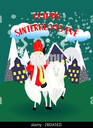 Sankt Nikolaus auf einem weißen Pferd. Grußkarte für Kinderparty. Stock Vektor